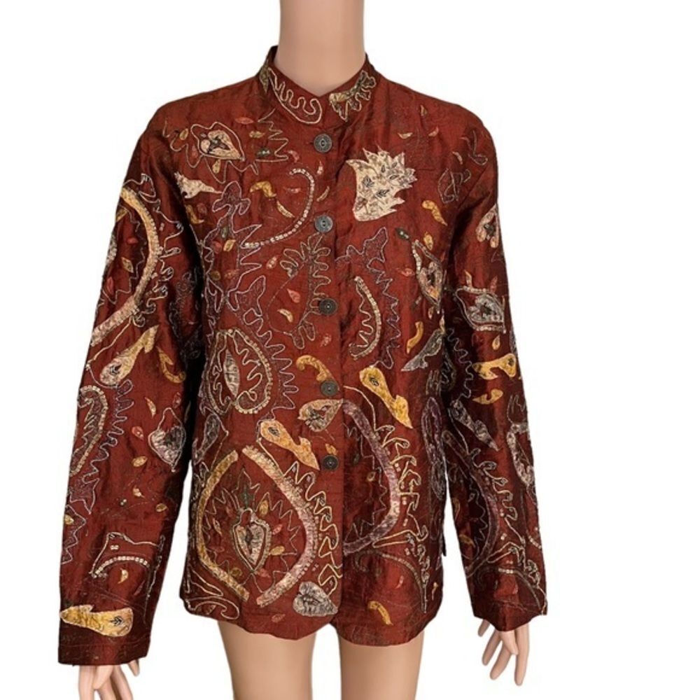 Chico’s size 2 (M/8) Rust silk embroidered Embellished jacket
